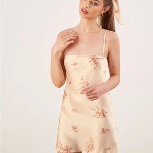 Reformation Cream Satin Slip Dress with Pink Rose Print
